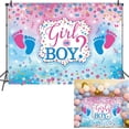 thumbnail image 1 of Fondo rosa y azul para fotografía de revelación de género de niño o niña, fondo con huellas de pies en azul y rosa, fondo con puntos brillantes, pancarta "¿Qué será el bebé?", decoraciones para, 1 of 5