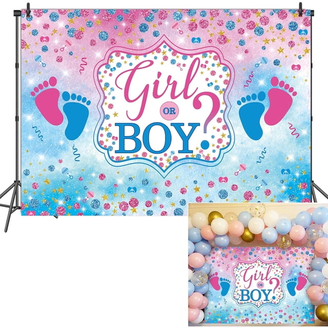 Fondo rosa y azul para fotografía de revelación de género de niño o niña, fondo con huellas de pies en azul y rosa, fondo con puntos brillantes, pancarta "¿Qué será el bebé?", decoraciones para