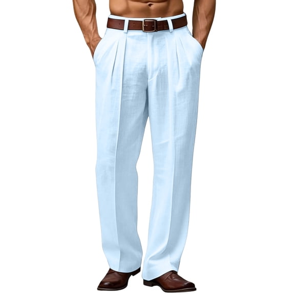 Mens Wide Leg Dressy Pants Relaxed Fit Fashion Vintage Work Trousers Linen Pleated Baggy Slacks (No Belt) Light Blue L