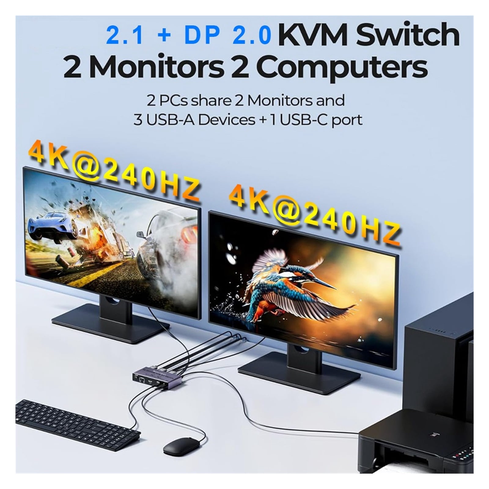 2 Port 4K 240Hz KVM Switch, Dual HD Media Extended Display Hub