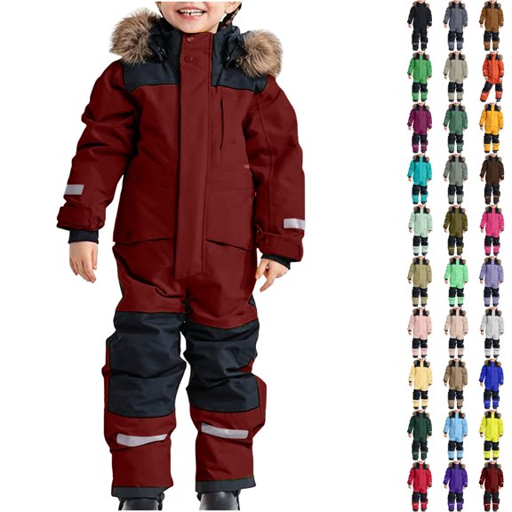 Husipze Jumpsuits for Kids One Piece Snowsuit Color Block Insulated Waterproof Windproof Snowboard Winter Overalls with Reflective Strips Wine 80