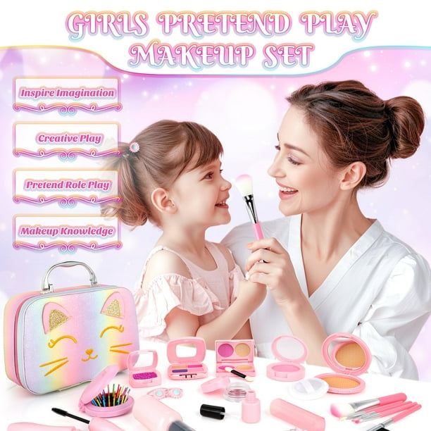 Set De Maquillaje Infantil Con Maletín De Gatito – Juguete De Maquillaje Seguro No Tóxico Para Niñas De 3 A 7 Años, Incluye Brochas, Pintalabios Y Esmaltes, Regalo De Navidad