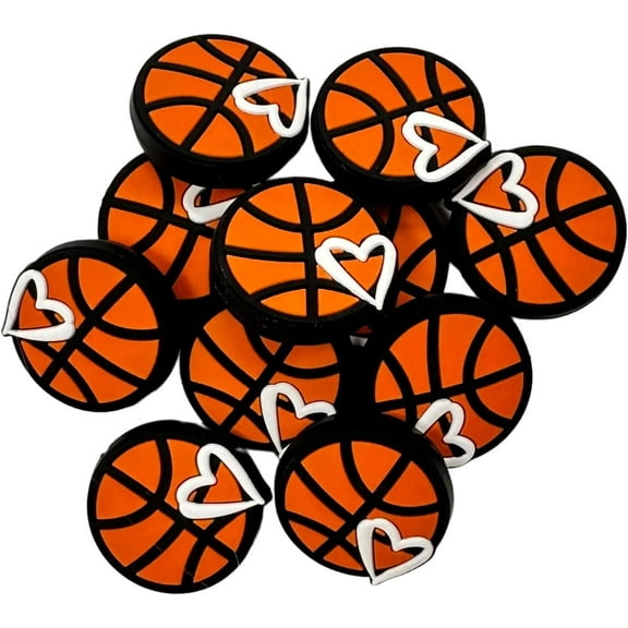 Silicone Focal Bead Basketball with Heart  12 pk Freshie Hangers for Pens Thread Bubble Gum Valentine Sports Themed Makeup Brush