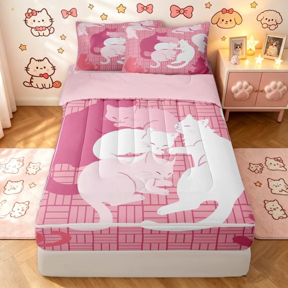 Manfei Pastel Cat Silhouette Zipper Twin Comforter Sets with Fitted Sheet and 2 Pillowcases, Grid Lattice Zipper Bedding Set, Pink White, Pink Reversible, 4pcs
