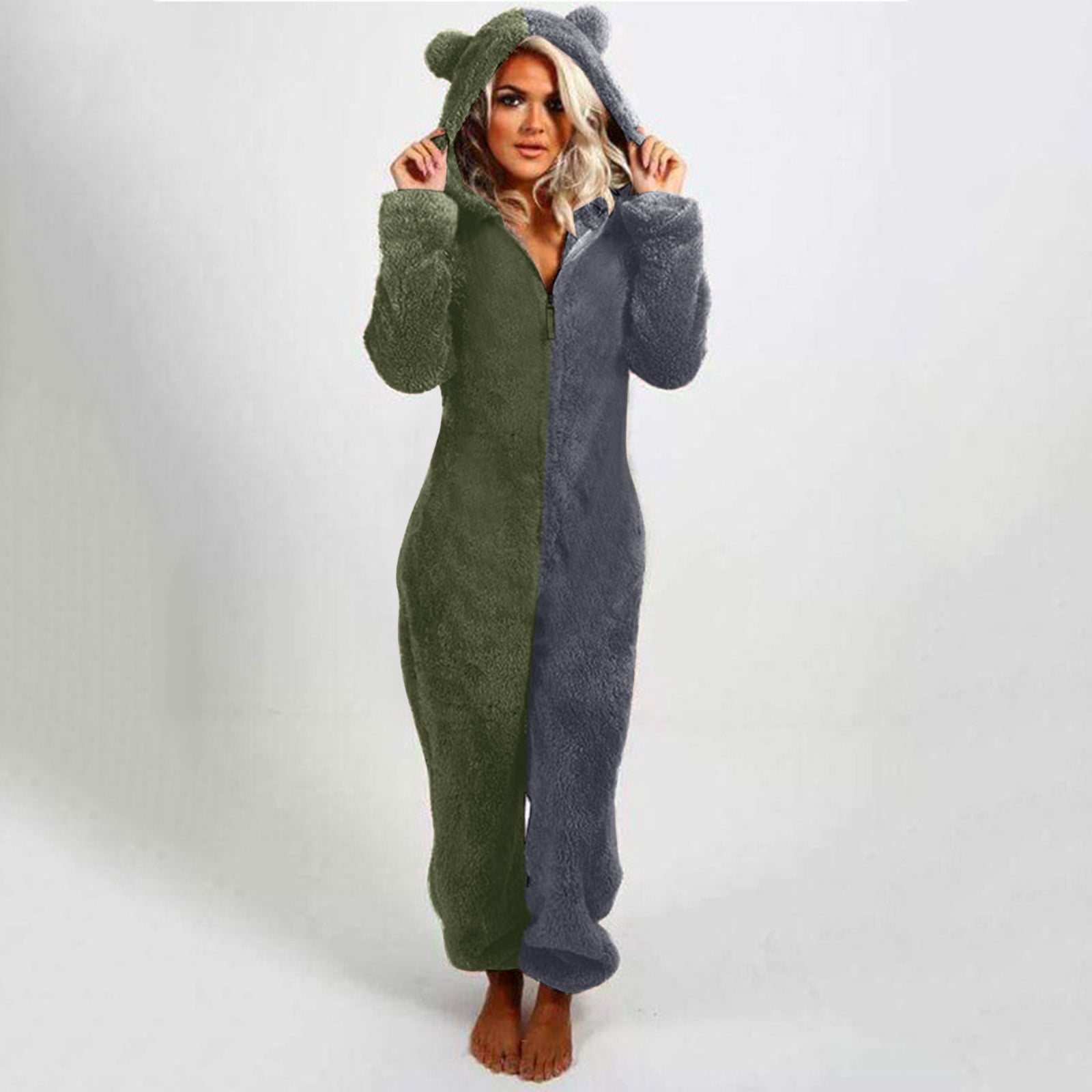 JURANMO Womens Winter Warm Hooded Fleece Sherpa Jumpsuits,2024 Women Long Sleeve Trendy Contrast Color Patchwork Full Zip Jumpsuit Pajamas with Two Cute Ears Casual Plus Size Rompe Sleepwear
