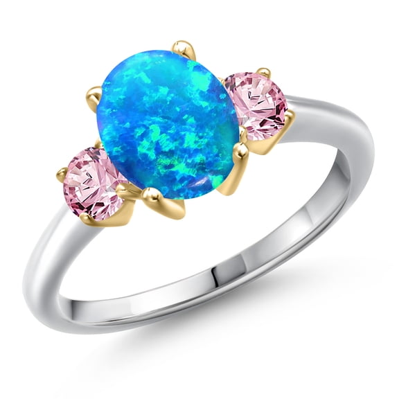 Gem Stone King 925 Silver and 10K Yellow Gold Simulated Blue Opal and Pink Lab Grown Diamond Engagement Ring for Women | 1.06 Cttw | Oval Cabochon 9X7MM | Gemstone October Birthstone | Size 5