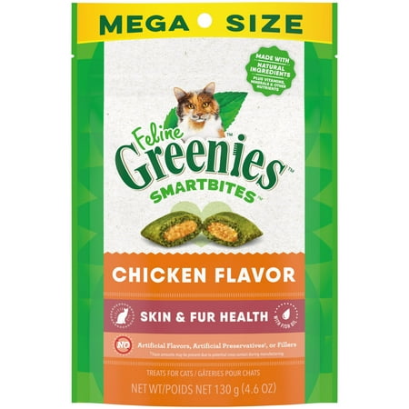 Feline Greenies Smartbites Skin & Fur Crunchy And Soft Natural Cat Treats, Chicken Flavor, 4.6 Oz Pack