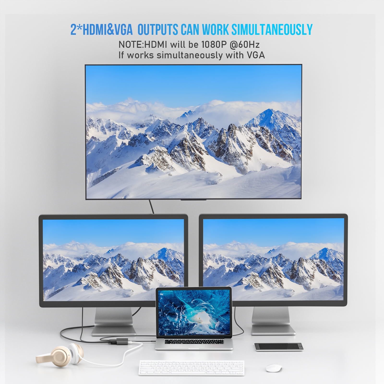 USB C to Dual HDMI Adapter, Compatible with Thunderbolt 3/4 Ports, Single 4k@60hz and Dual 4k@30hz, With VGA and 3.5mm Audio Interface，USB C Switcher Supports Windows/Macos/Android