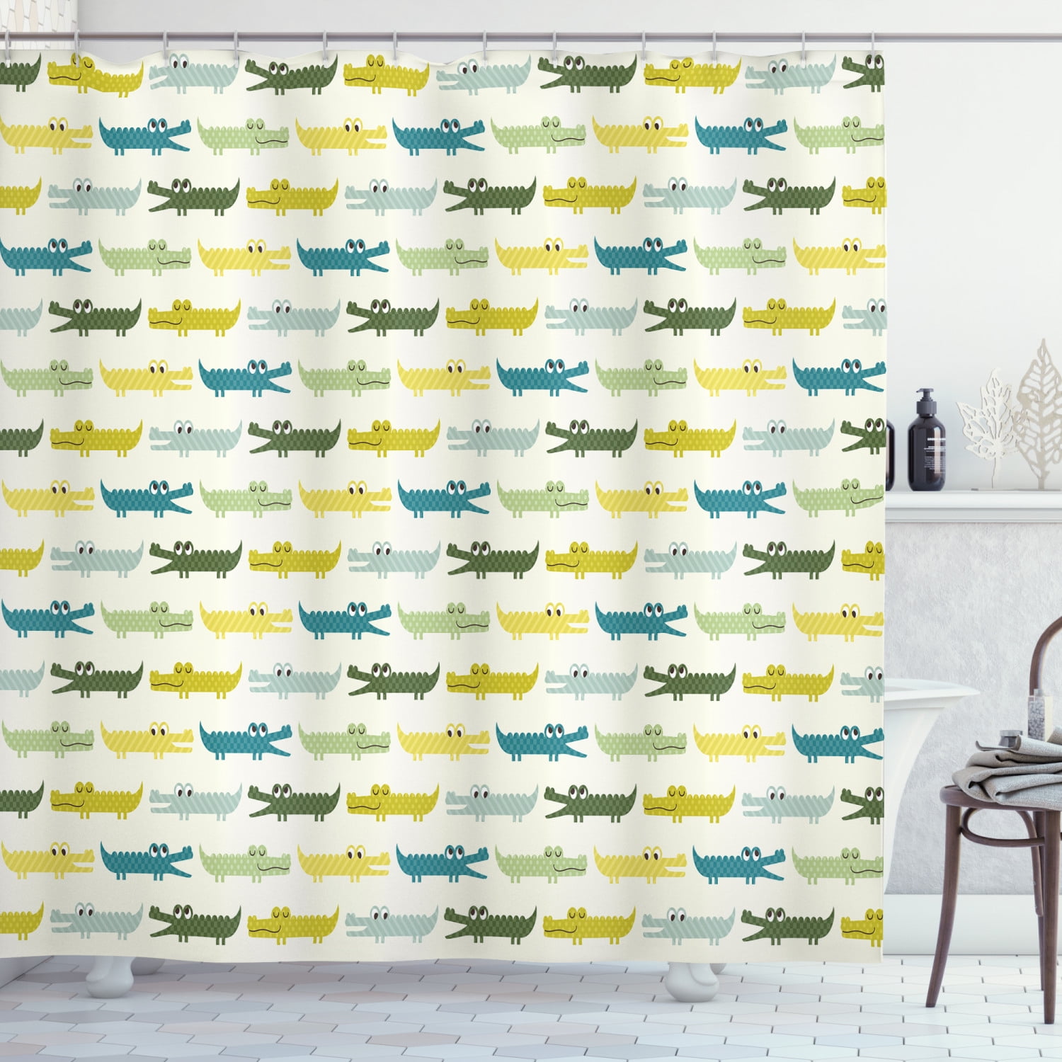Kids Shower Curtain, Crocodile Characters in Cartoon Style Funny Faces Animal Alligators Childish, Fabric Bathroom Set with Hooks, 69W X 70L Inches, Yellow Green Teal, by Ambesonne