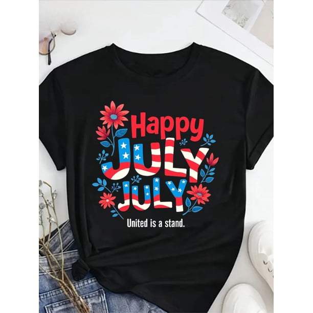 Trebella Women'S Patriotic "Happy July Unity" Floral Print T-Shirt - Black with Red/Blue/White Design, Machine Washable Round Neck Short Sleeve Casual Top, Suitable for July Celebrations