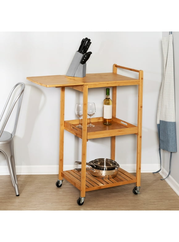Honey-Can-Do 3-Tier Bamboo Rolling Kitchen Cart with Drop-Leaf and Removable Tray, Natural