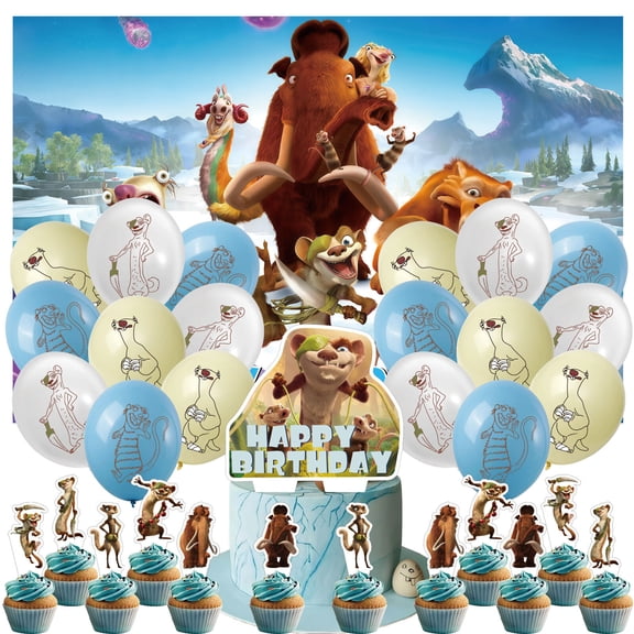 32PCS For Ice Age Theme Birthday Party Supplies Party Favor Set,With 18 Balloons,13 Cupcake Toppers,5*3ft Birthday Backdrop Decorations,All in One Party Supply Set