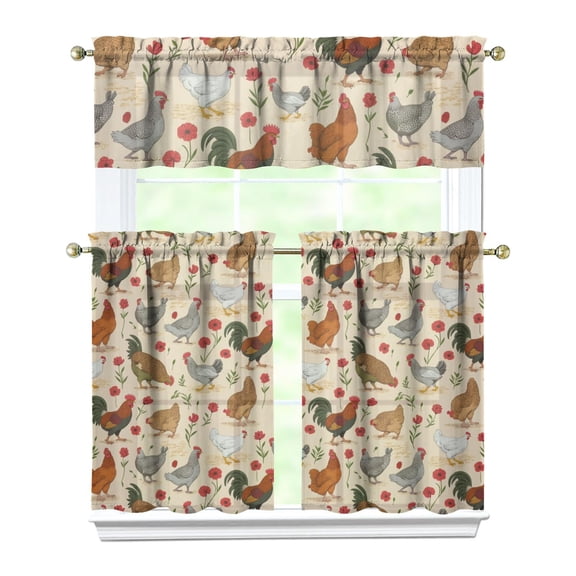 Colorful Vintage Rooster4(1) Kitchen Curtain Valance 3 Piece Home Curtains and Valance Set Curtain Sink Window Decor Window Treatment Tier 27.5x36 Length