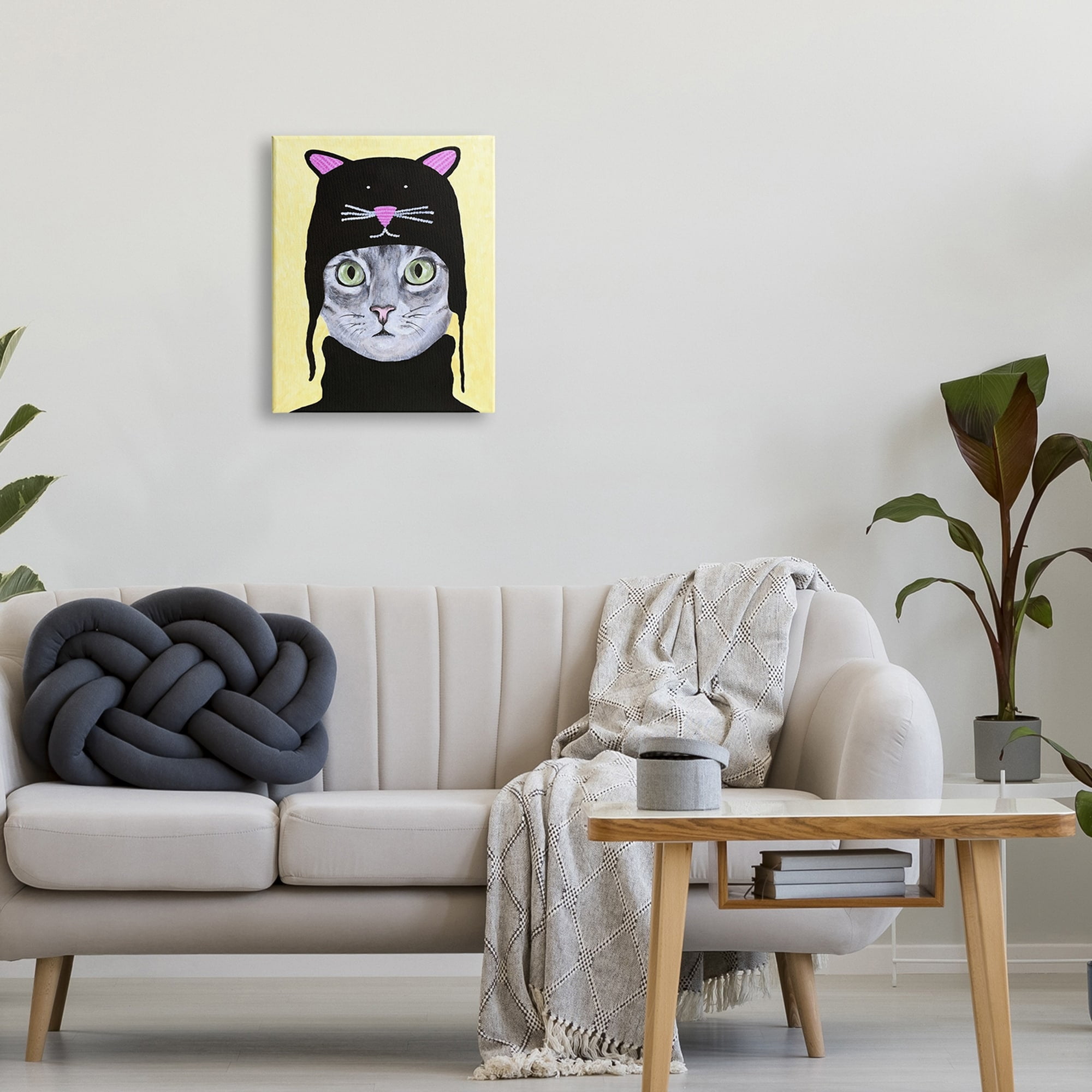 Stupell Industries Adorable Grey Cat Wearing Hat Black Turtleneck Yellow Background Paintings Gallery-Wrapped Canvas Print Wall Art, 30x40, by Coco de Paris