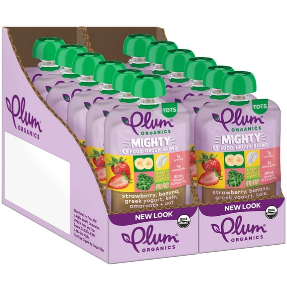 Plum Organics Mighty 4 Organic Toddler Food, Strawberry, Banana, Greek Yogurt, Kale, Amaranth, and Oat, 4 oz Pouch - Case of 12