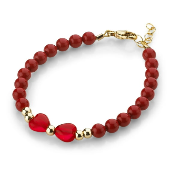 Elegant Child Bracelet With Red Austrian Pearls, Red Heart Crystal, 14kt Gold Filled Beads (B2002-RR)