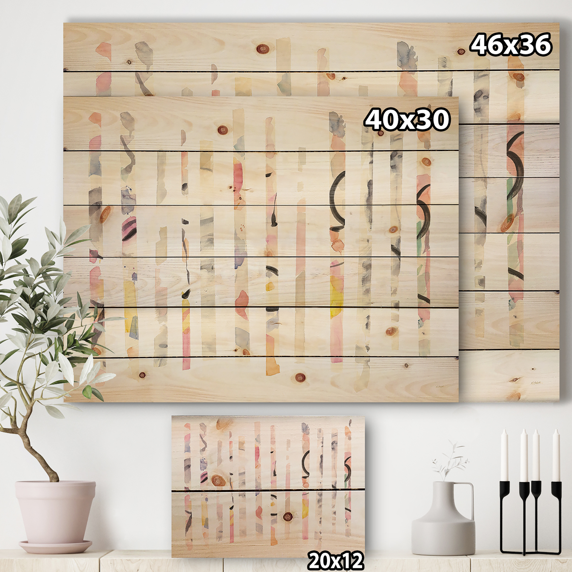 Designart 'Multi-Color Geometric Bars' Modern Transitional Print on Natural Pine Wood