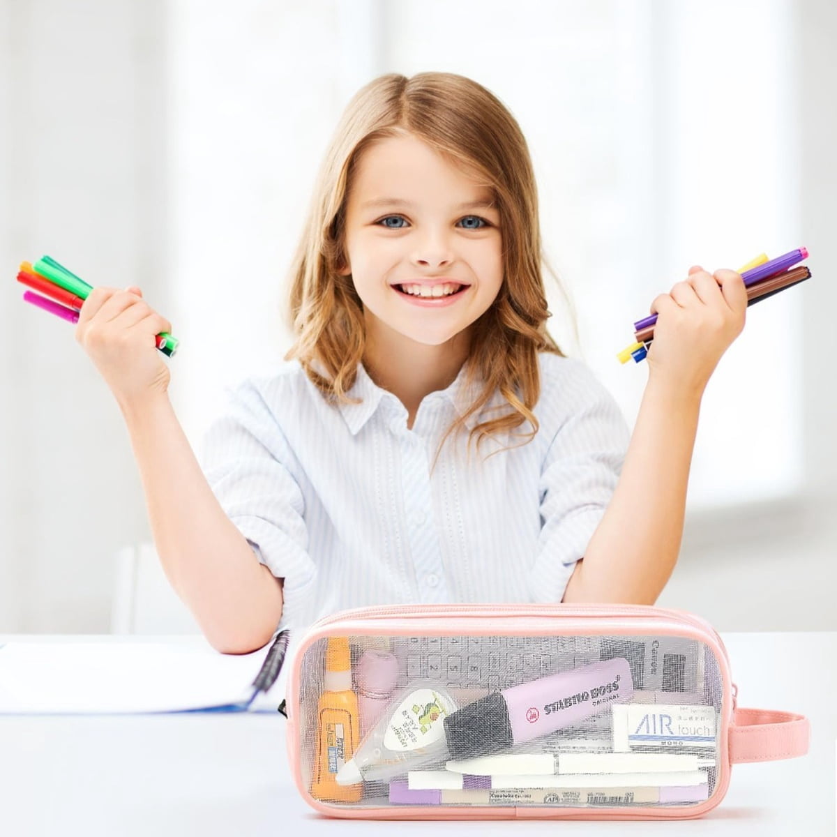 8pcs Pencil Case and Pens Set, 1 Large-capacity Mesh Pencil Case and 7pcs Glitter Rhinestone Beadable Pens Bulk Set, Clear Pen Pouch with Zipper and Handle, Multifunctional Stationery Bag and Pen Set