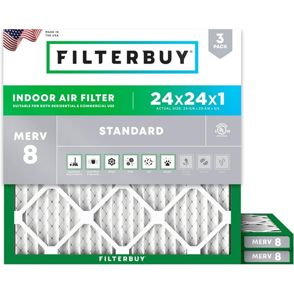 Filterbuy 24x24x1 Air Filter MERV 8 Dust Defense, Pleated HVAC AC Furnace Filter Replacement, 3-Pack