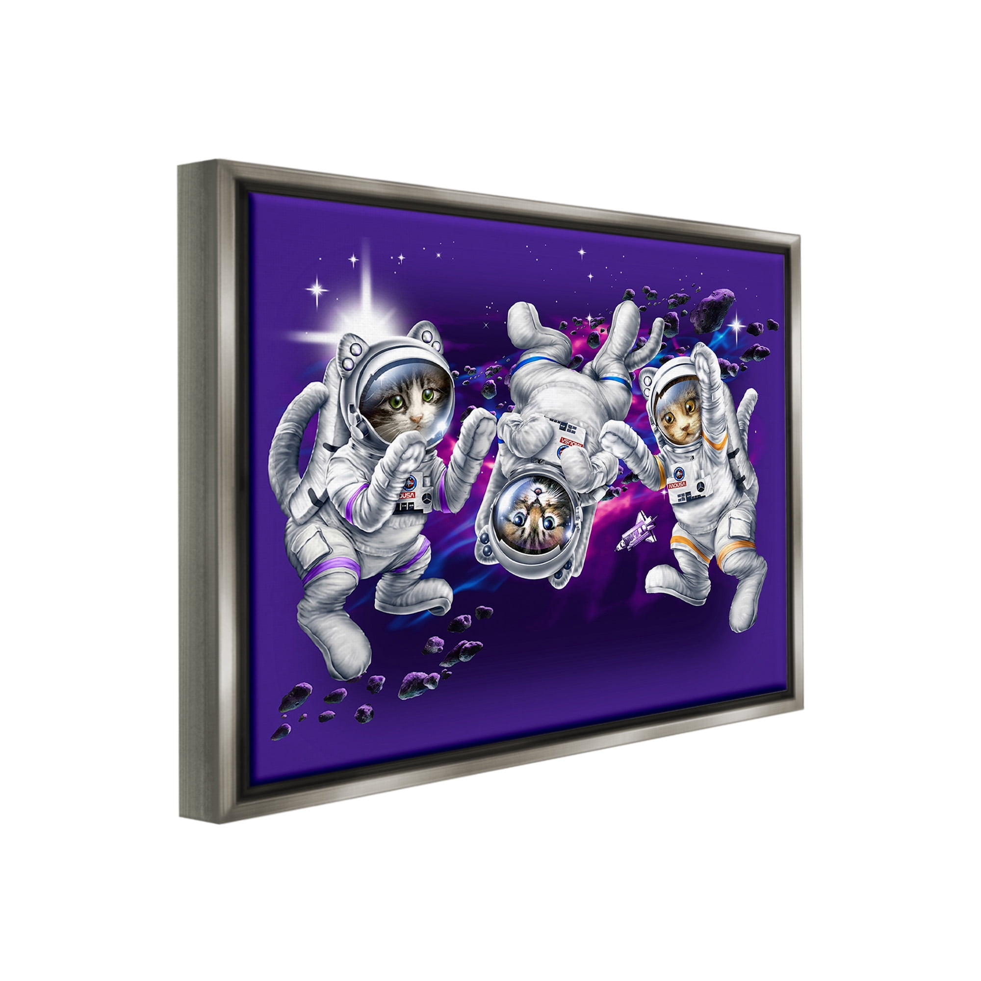 Stupell Industries Astronaut Cat Trio Animals & Insects Painting Gray Floater Framed Canvas Art Print Wall Art, 21 x 17