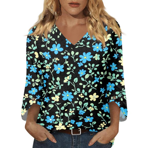 3/4 Length Sleeve for Women Tops with Button Cuffs Dressy Casual V Neck Summer Fashion Outfits Early Fall Trendy Spring Clothes