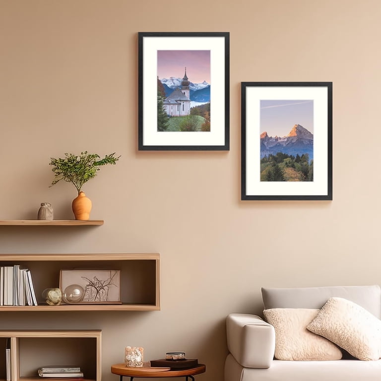 Aged Gold Picture Frames With White Mat, Slim Traditional Style