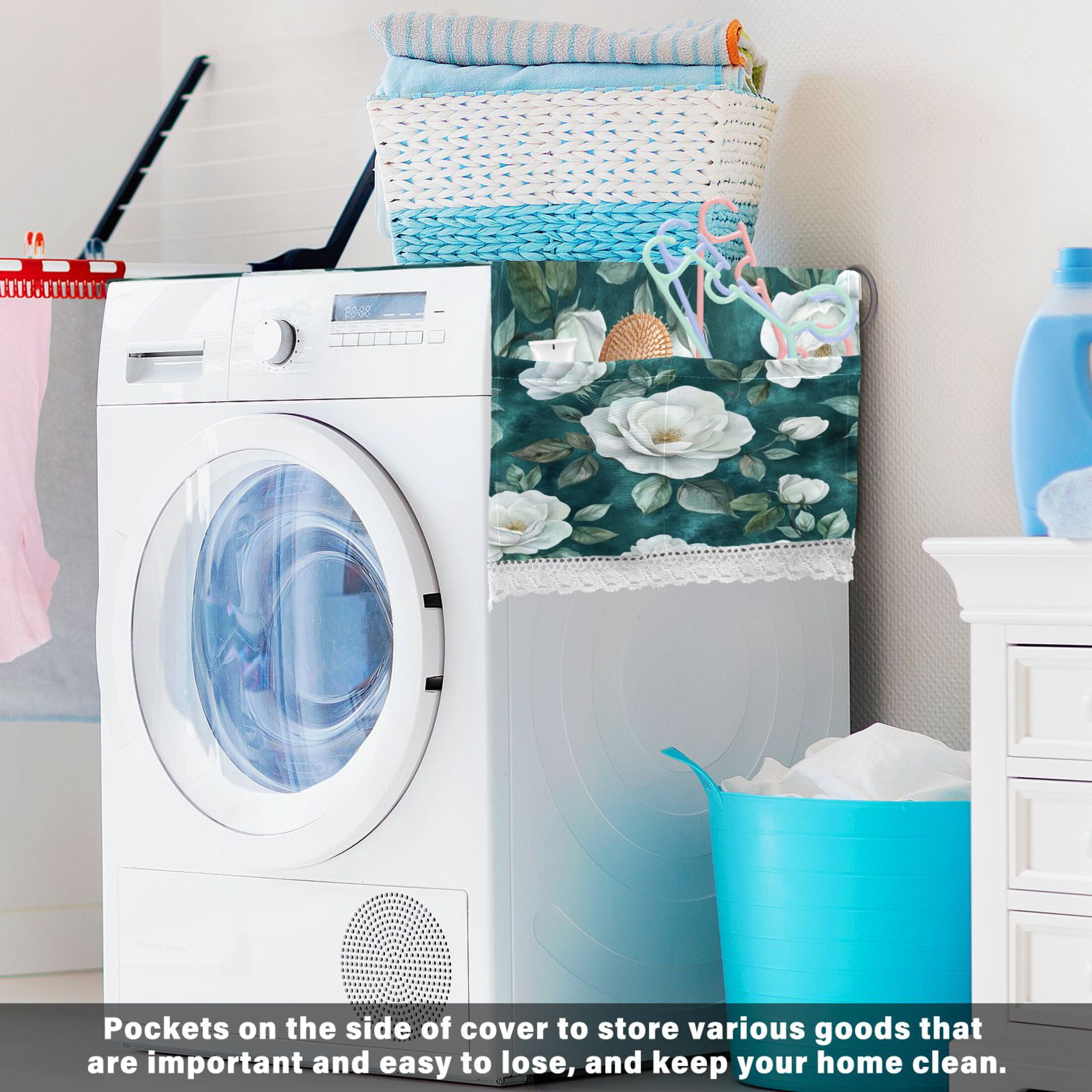 WOBOGO Large White Roses Pattern Washing Machine Cloth Dryer Refrigerator Top Cover Protective Non-Slip Mat For Kitchen Laundry