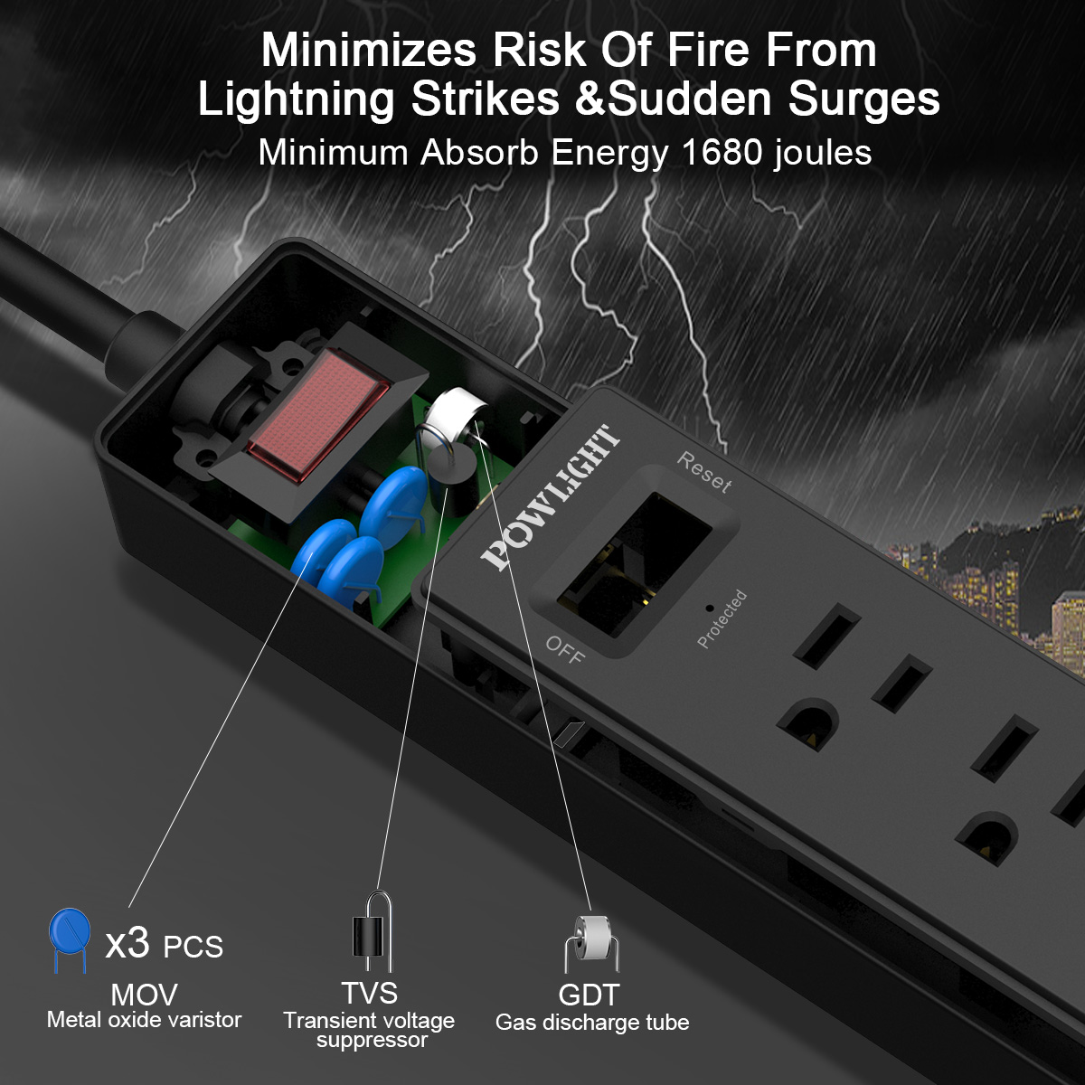 POWLIGHT 5-Outlet Surge Protector with USB-C Charging photo 4