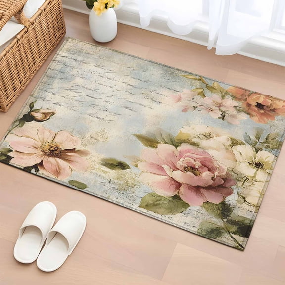 Farmhouse Pink Floral Bathroom Mats 2x3 FT,Non Slip Small Kitchen Mat,Spring Vintage Botanical Flowers Washable Soft Backed Front Door Throw Rugs Non-Shedding Indoor Outdoor Doormat for Entryway Sink