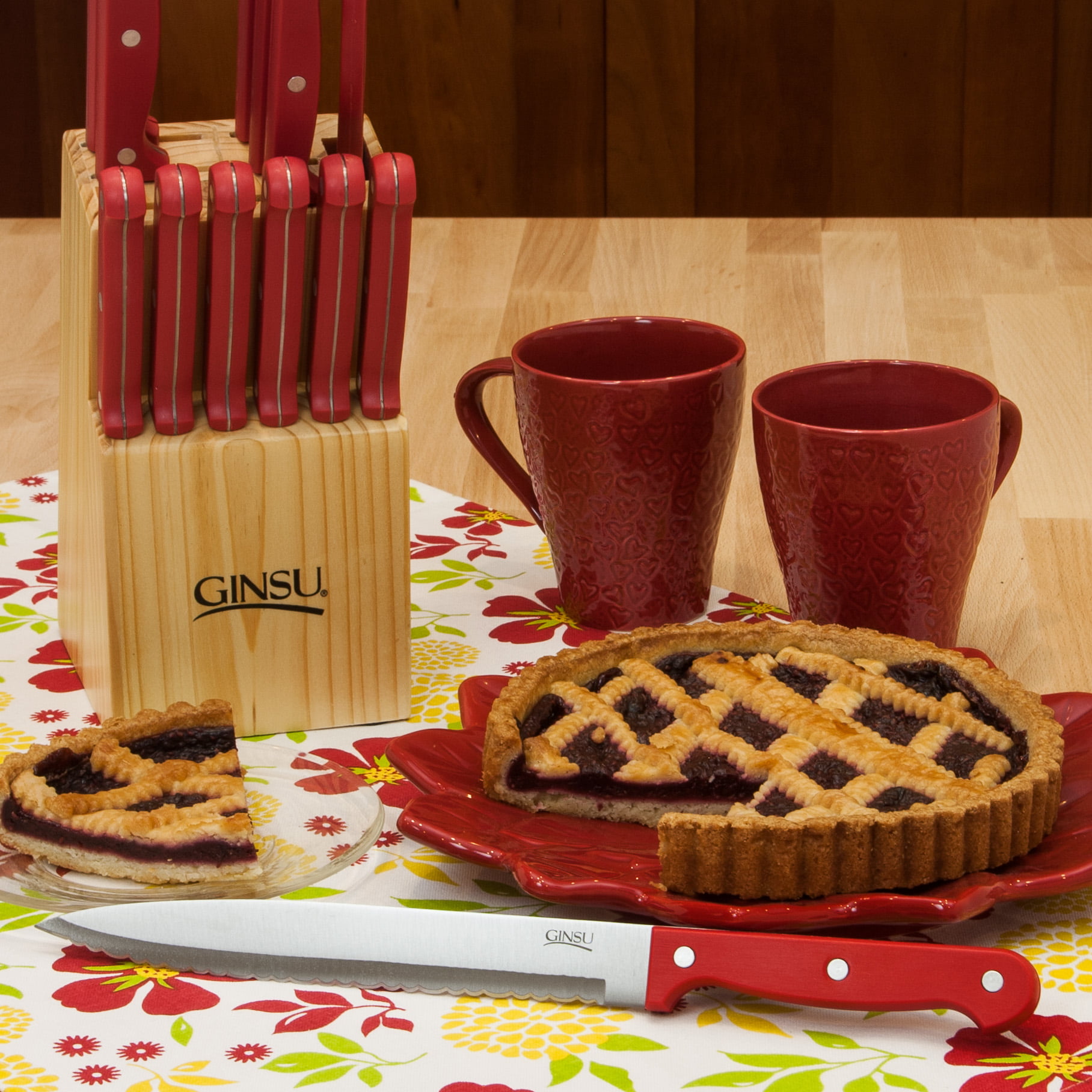 Ginsu®Kiso® 14 Piece Red Set with Wood Block