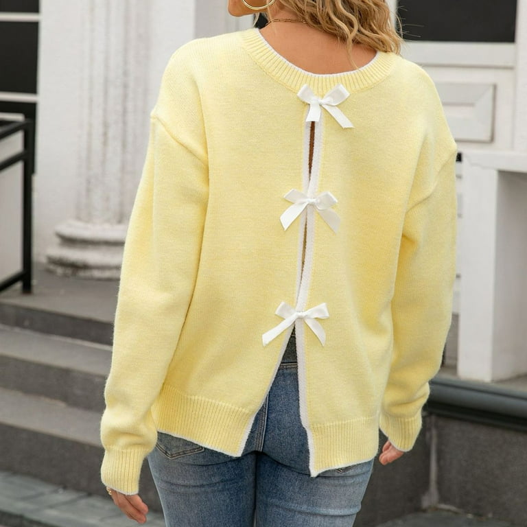 Qetyuw Womens Drop Shoulder Long Sleeve Sweaters Casual Knit Crew