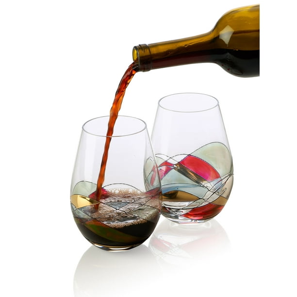Bezrat Stemless Wine Glasses Set of Two Hand Painted Large Premium