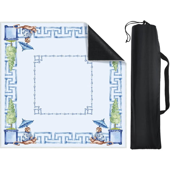 Chinoiserie Mahjong Mat 31.5"x31.5" with Carry Bag, Anti-Slip Noise-Reducing Gaming Table Cover for Mahjong, Poker, Board, Dominoes & Card Games (Blue Monkey)