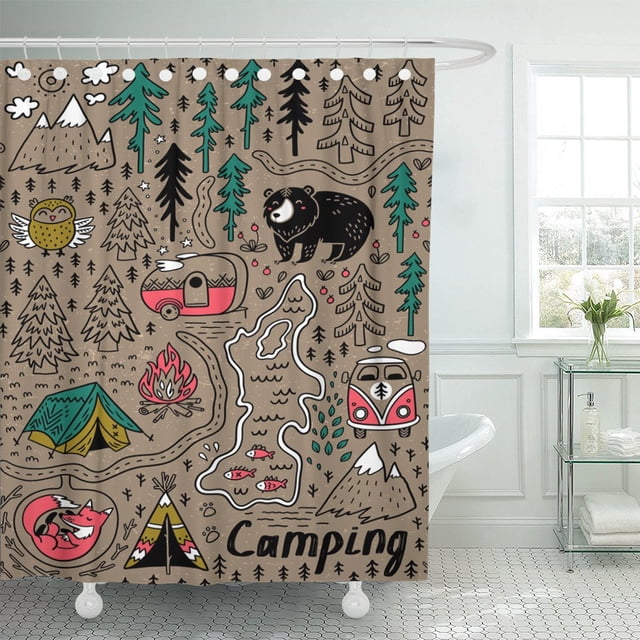 ABPHQTO Cortina de ducha Mapa divertido Naturaleza Paisaje Camping y animales lindos 152x180 cm ABPHQTO PKNMT60x72Shower-6410