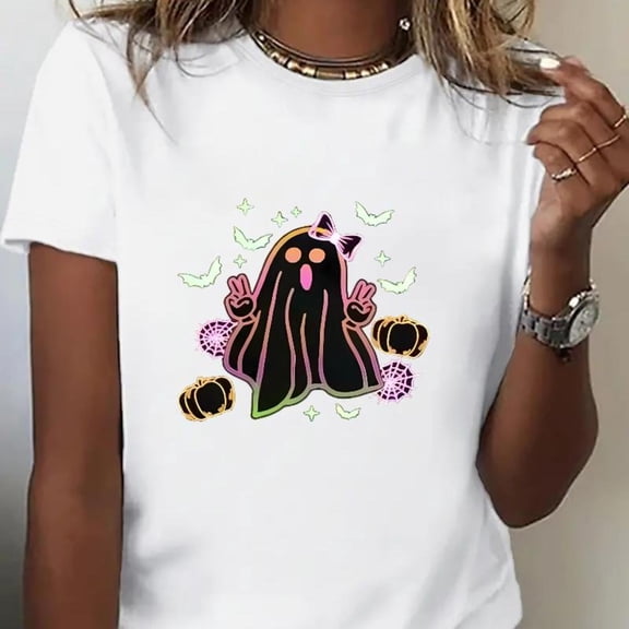 Women's Halloween Graphic T-Shirt，Cute Spooky Ghost Tee，Color printing，Soft Stretch Casual Tops，Funny，cotton，white，S-5XL