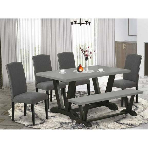 East West Furniture V696EN120-6 6-Pc Dinette Set - 4 Kitchen Chairs, a Dining Bench Cement Top and 1 Cement Kitchen Dining Table Top with High Stylish Chair Back - Wire Brushed Black Finish