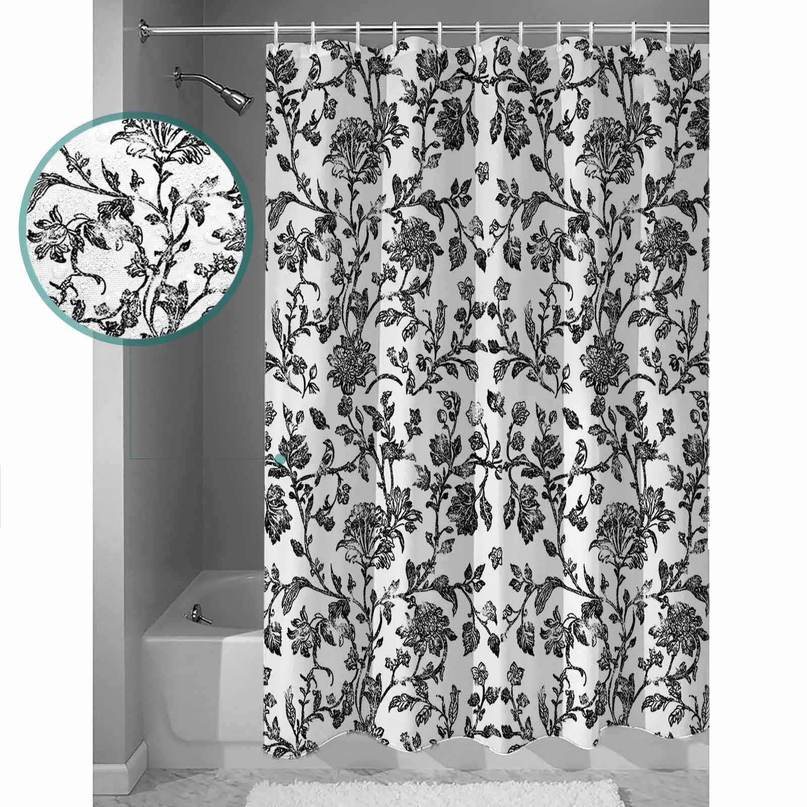 Extra Long Shower Curtain 72x96 Inch, Black Flower Shower Curtain Waterproof Bathroom Decor Vintage Farmhouse Boho Leaf Spring Plant Fabric Bath Curtain Set Accessories with Hooks