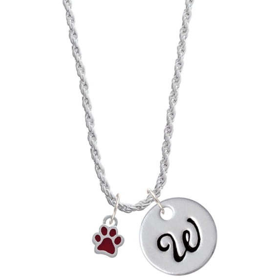Delight Jewelry Silvertone Mini Translucent Maroon Paw Silvertone Script Initial Disc - W - Charm Necklace, 20"+3"