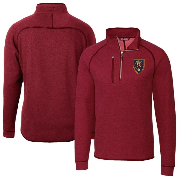 Men's-Cutter & Buck  Heather Red Real Salt Lake Mainsail Sweater-Knit Half-Zip Raglan Jacket