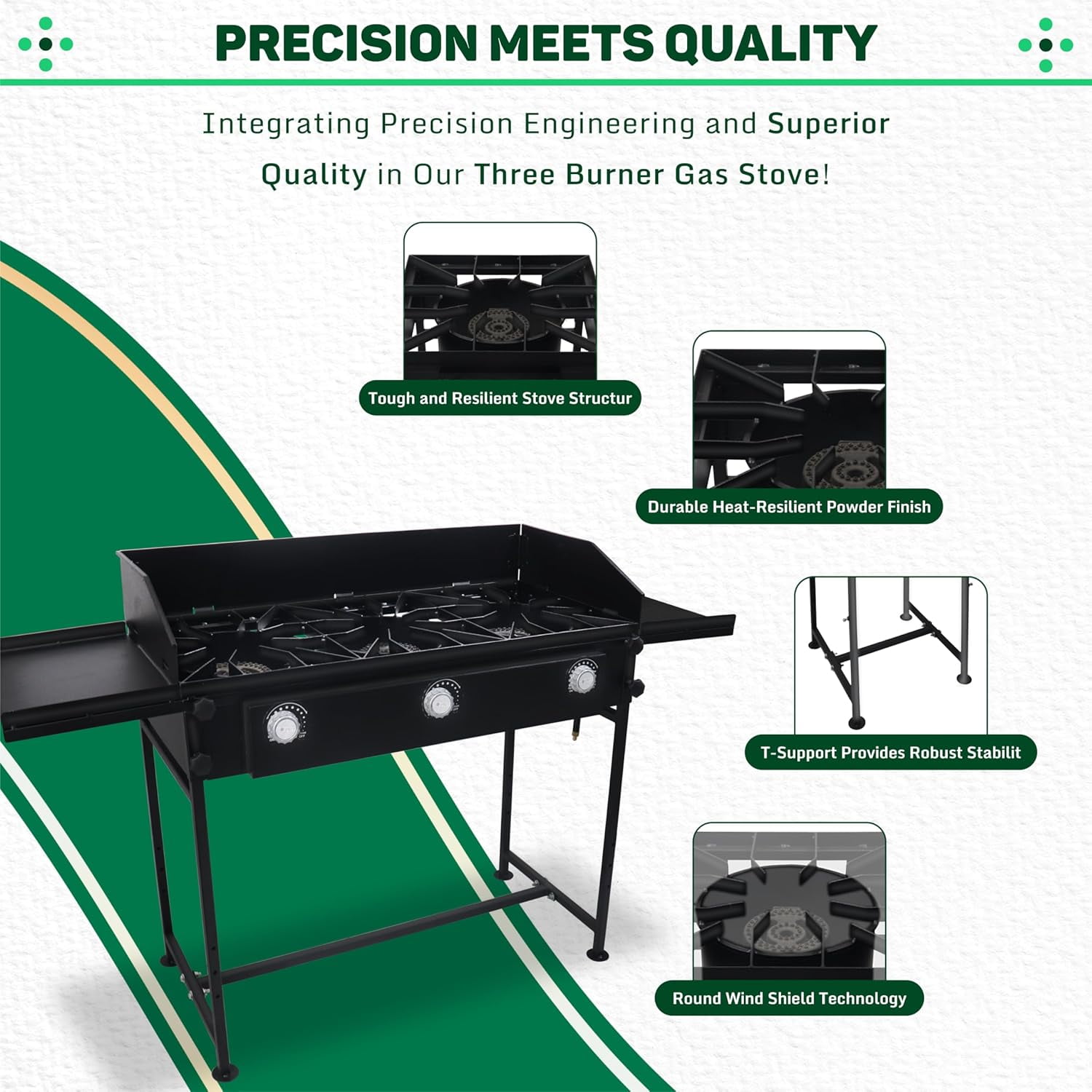 SONRET - Three Burner Propane Outdoor Camping Stove - with Side Shelf and Wind Panel