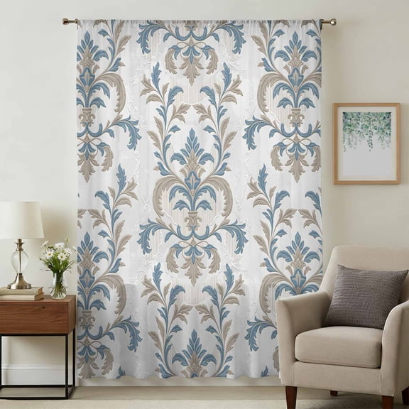 Blue Tan Flower Sheer Curtains 108" Extra Long, Abstract Vintage Ethnic Tribal Boho Light Filering Curtains, Privacy Drapes Simi Floor to Veiling Curtain for Living Room Bedroom Window Treatment