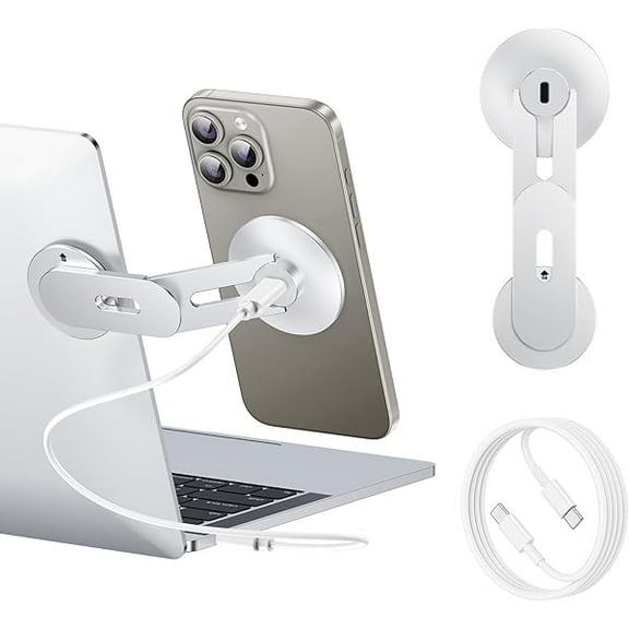 ccwonima Laptop Phone Holder, Magnetic Phone Stand 15W Fast Wireless Charger for MagSafe for iPhone 17/16/15/14/13/12 & All Phones for Tesla (Silver)