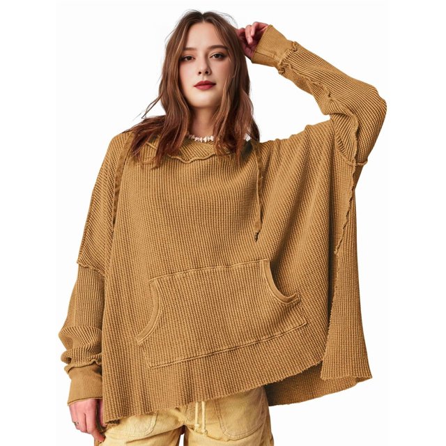 Sudadera con Capucha Extragrande para Mujer, Jersey con Mangas Murciélago y Cuello Redondo, Jersey con Diseño de Gofre Marrón XL