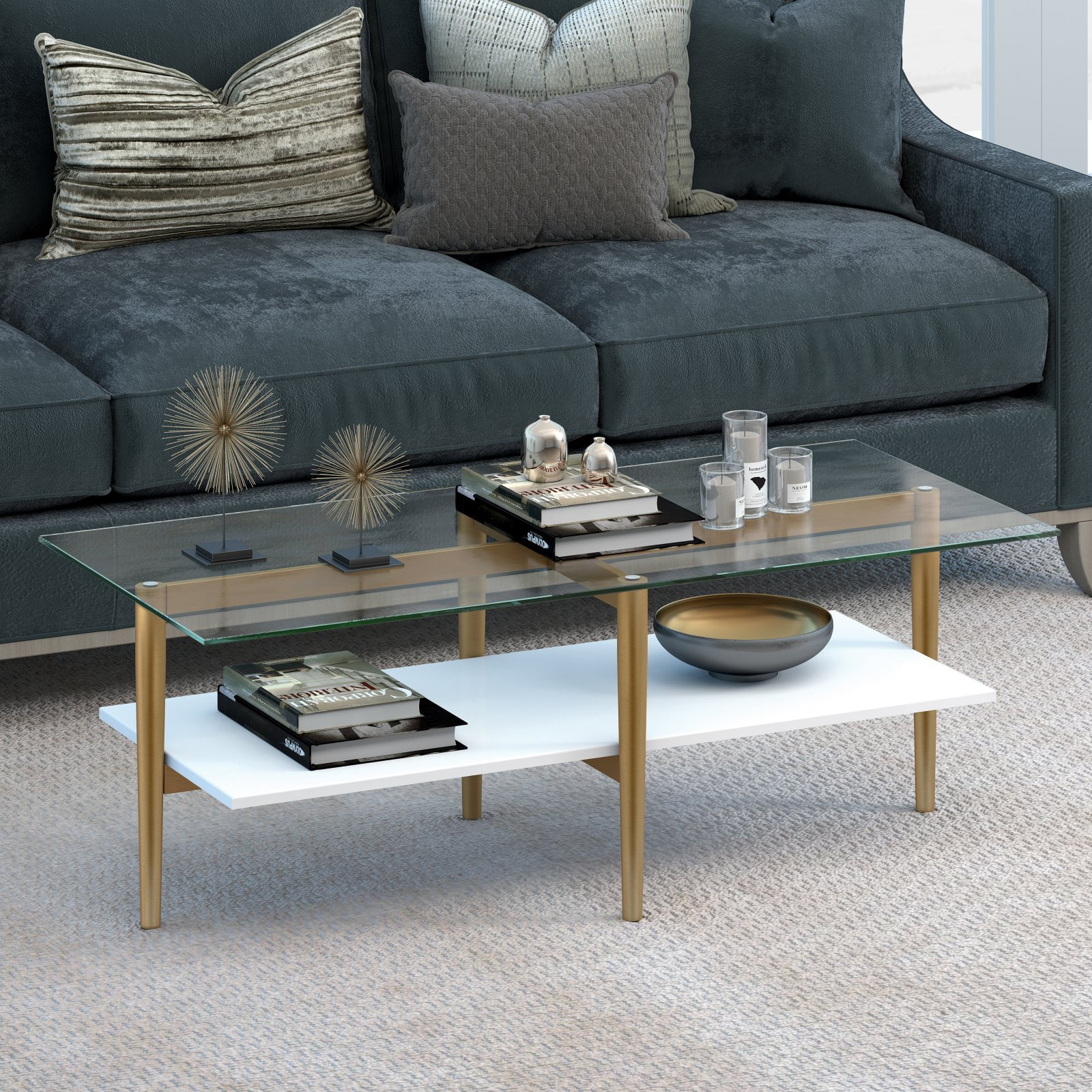 Evelyn&Zoe Otto 47" Wide Rectangular Coffee Table with Faux Marble Shelf, Blackened Bronze/Faux Marble