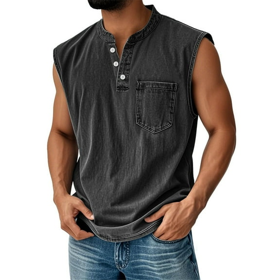 Evdexr Mens Distressed Washed Henley Tank Tops Sleeveless Chest Pocket V Neck Tops Muscle Vintage Beach Polo Shirts Oversized Loose Fit Tee Shirts Fashion Black L
