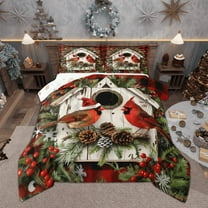 Manfei Xmas Cardinal Bird Full Size Comforter Sets, Merry Christmas Bedding Comforter Set, Pinecone Leaves Bedding Sets, Lightweight Room Decor, Reversible 3-Piece