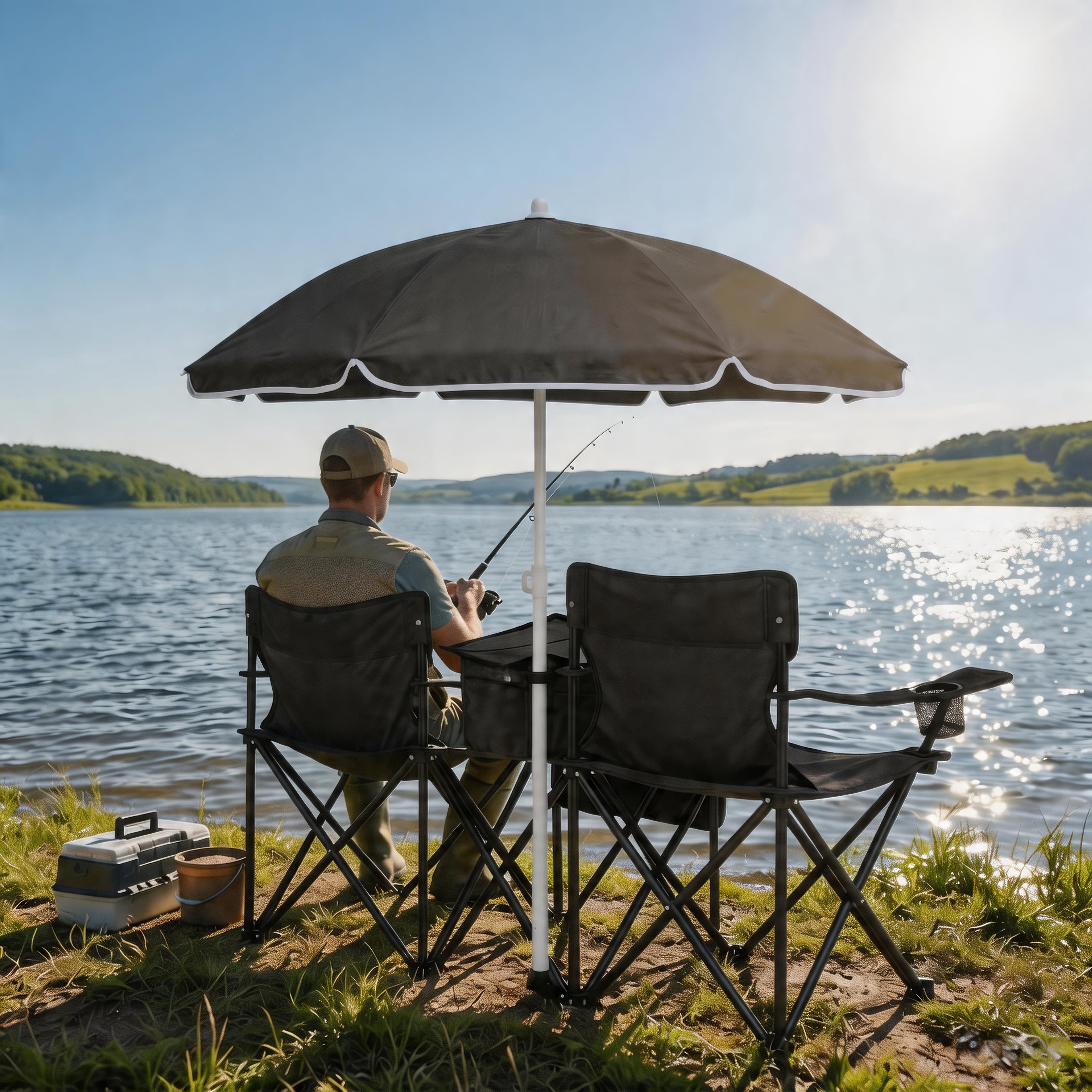 Portable Folding Picnic Chair Set with Umbrella,2-Person Outdoor Camping Chairs with Cup Holders & Cooler Bag, Adjustable Sun Canopy, Heavy Duty Beach Chairs for Patio, Backyard, Travel, Black