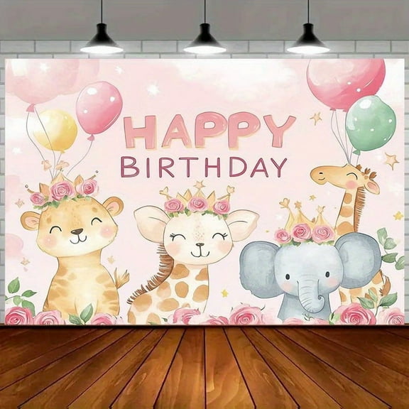 Jungle Animals Happy Birthday Backdrop Pink Rose Safari Animals Baby Shower Photography Background Rose Crown Animals Pastel Balloons Birthday Party Decorations Banner Supplies Photo Booth Props
