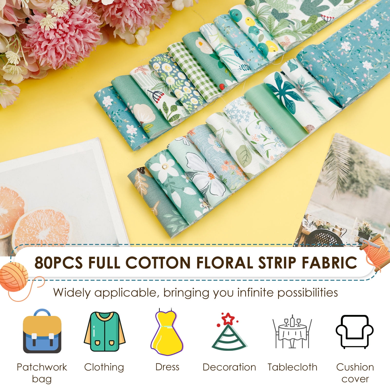 Ikoopy 80/100Pcs Jelly Roll Fabric Strip Set Cotton Floral Print Pre Cut Quilting Strip Quilting and Sewing Patchwork Roll for DIY Craft Blanket Rug