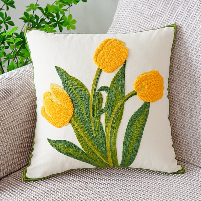 Funda de almohada con diseño de tulipán verde fresco y sencillo con flores bordadas para sofá, cama, almohada de cintura para oficina